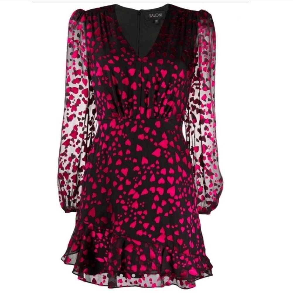 SALONI Alya Heart-Print Jacquard Long Sleeve Silk-Blend Mini Dress Sz 0 - Picture 8 of 16